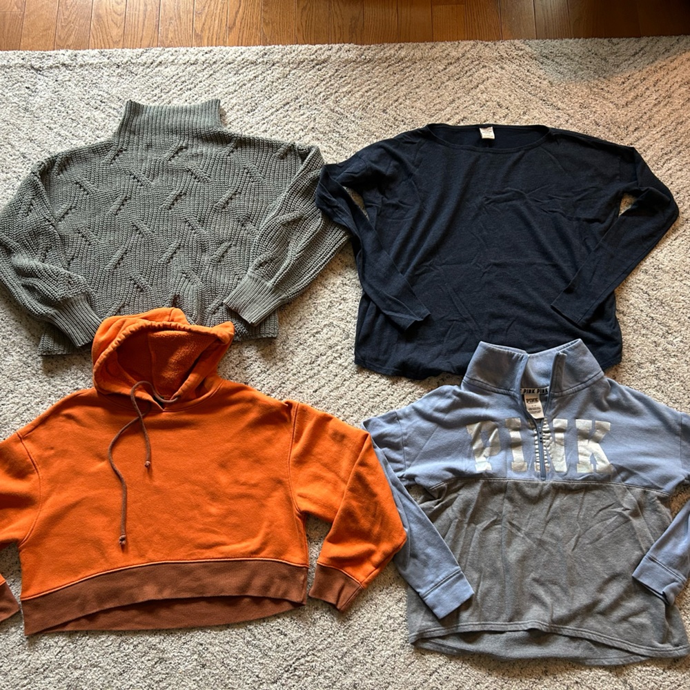 Cozy Tops lot- Orange Hoodie, olive green knit Sweater, Blue Pullover, Navy long